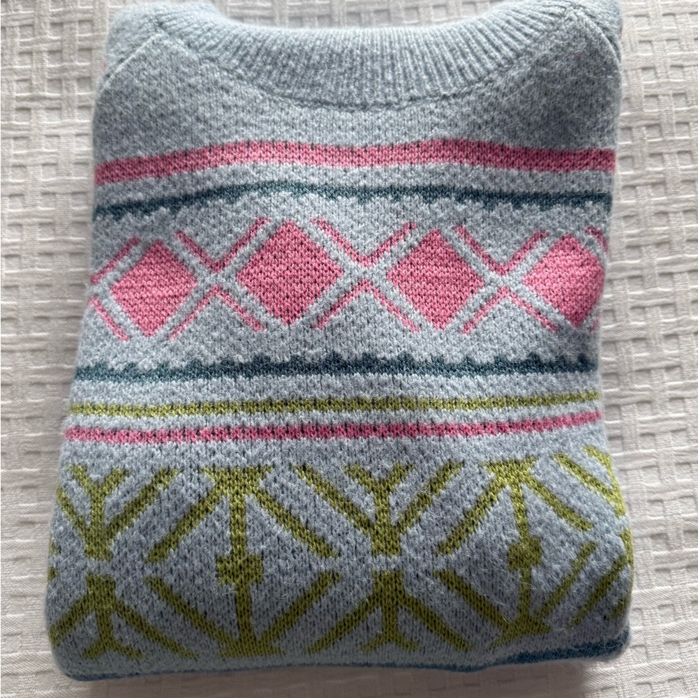 Elegant Light Blue and Pink Patterned Turtleneck Sweater; warm and cozy